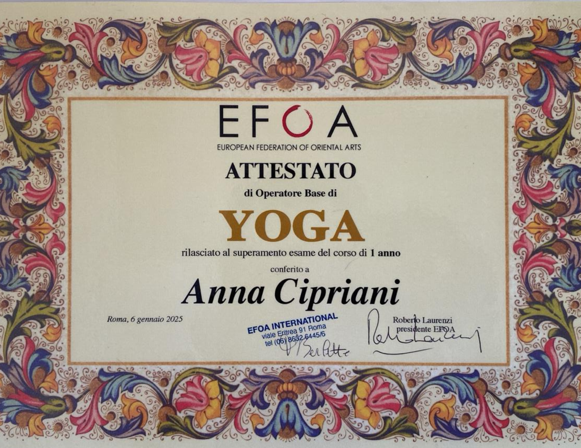 Attestato insegnante yoga Anna Cipriani