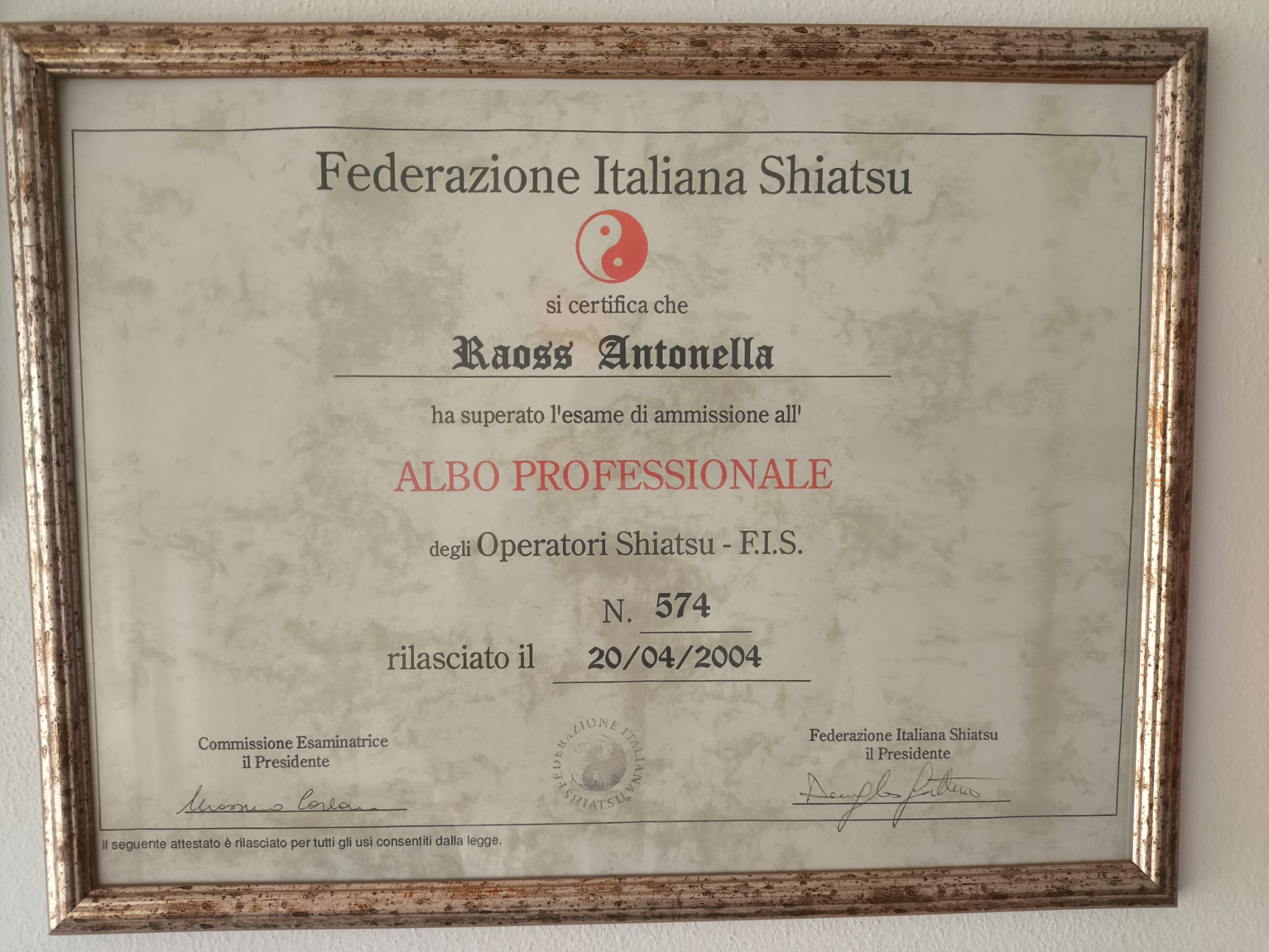 Attestato albo professionale shiatsu FISIEO Antonella Raoss