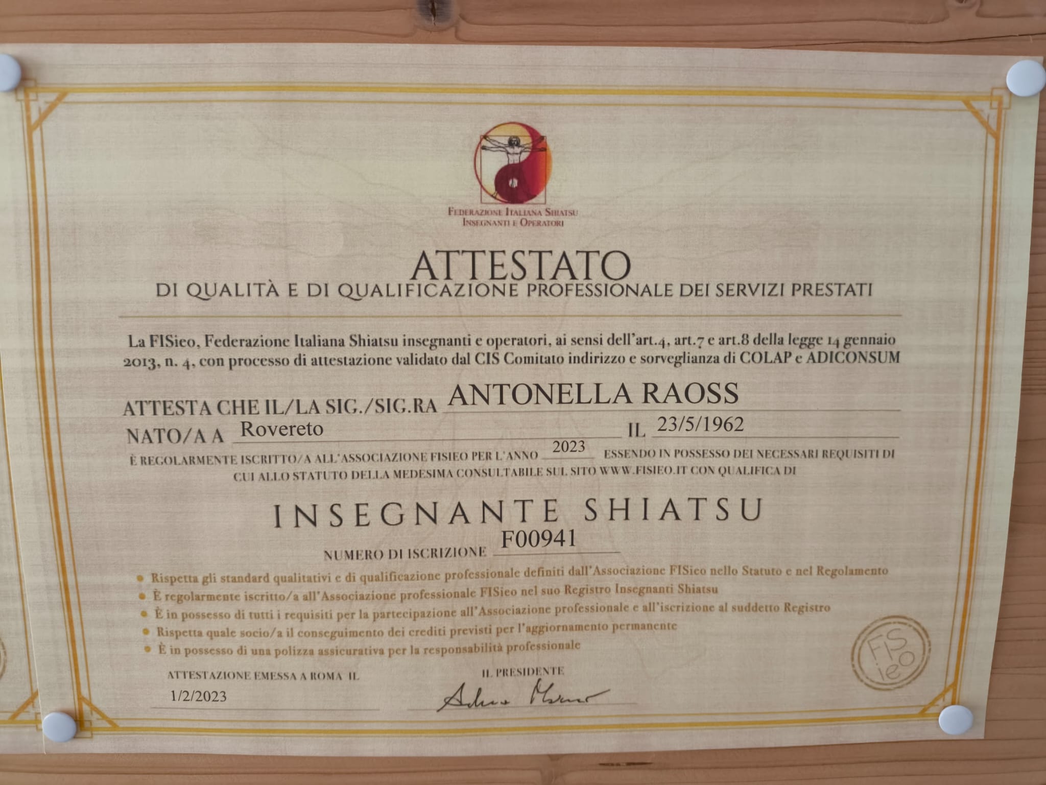 Attestato insegnante di shiatsu Antonella Raoss