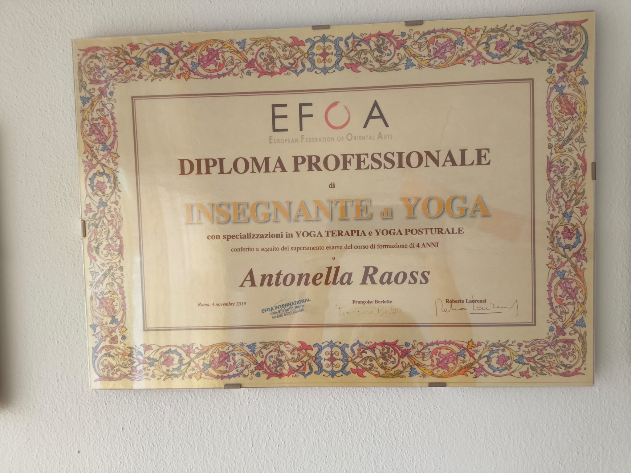 Diploma insegnante di Yoga Antonella Raoss